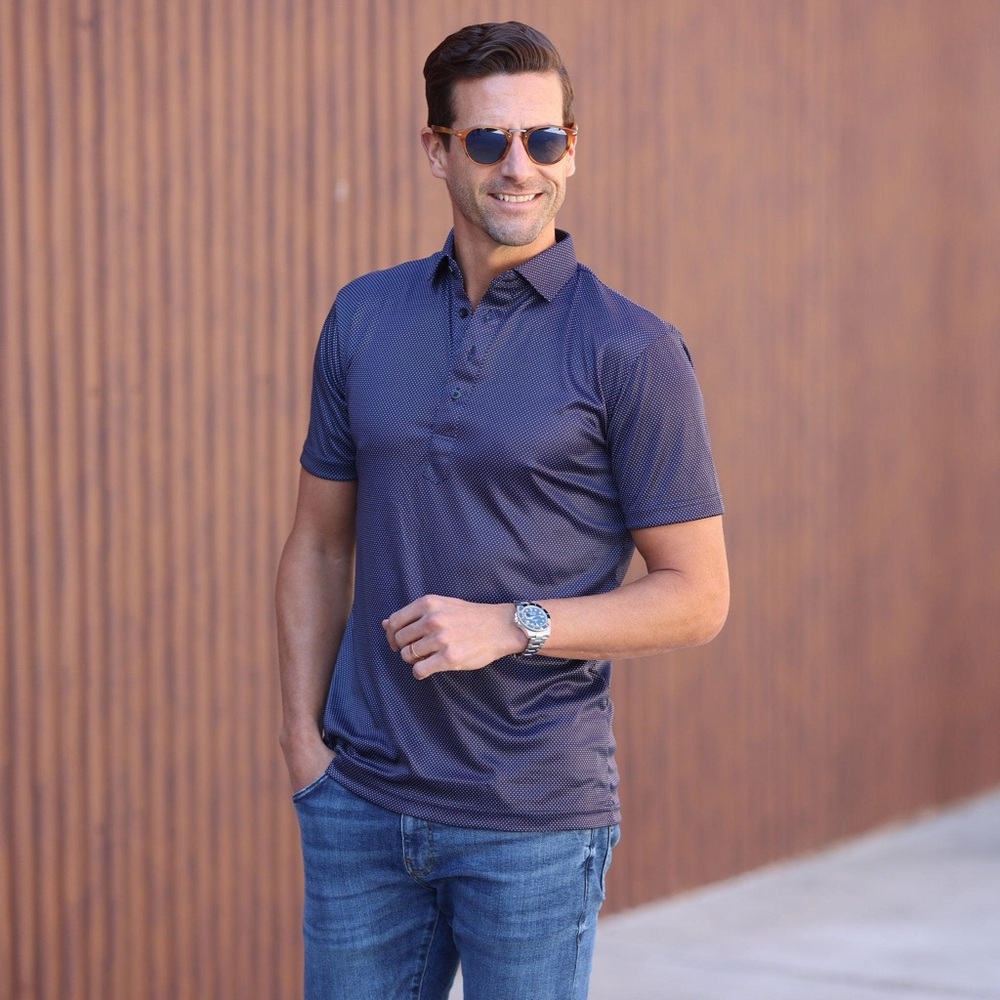 NWT Collars & Co Dress Collar Polo Midnight Micro Dot Blue Large Golf Active